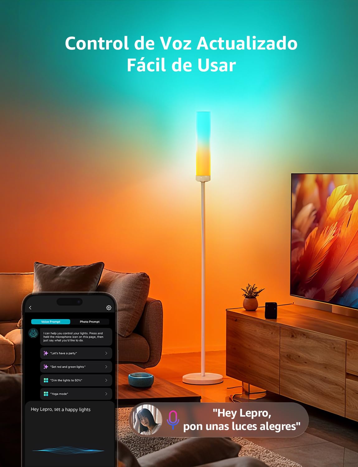 Lepro O1 AI Lámpara de Pie LED, Lámpara de Pie WiFi, Luz Blanca 1800LM, Sincronización Música, Fonciona con Alexa/Google Home, RGB + CCT, Diseñador de Iluminación AI Personalizado para Sala, Leer, TV