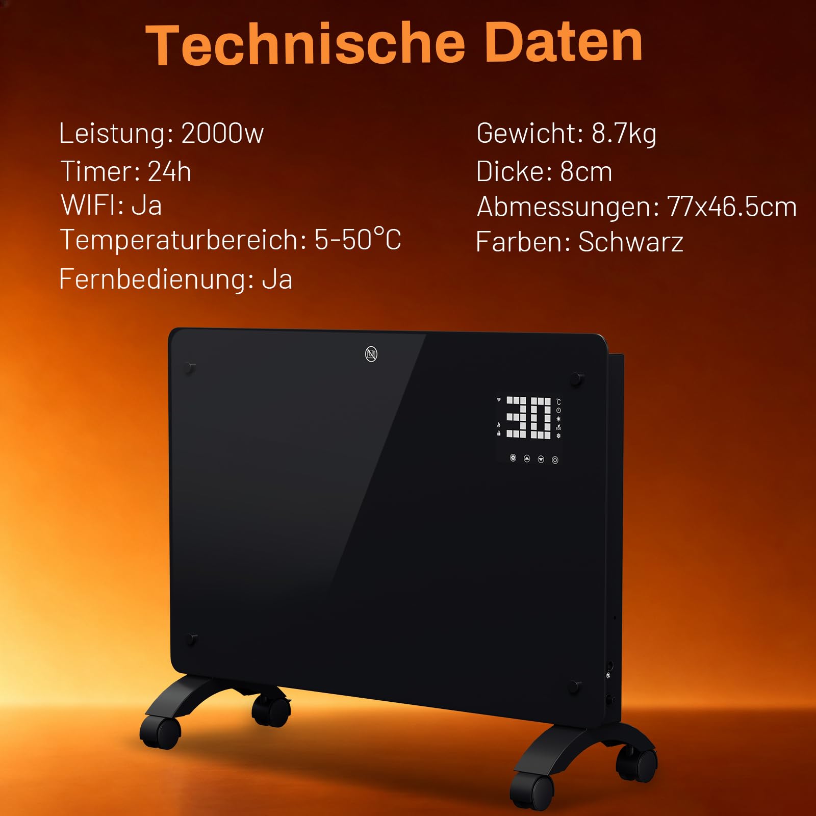 Calefacción eléctrica de cristal 2000 W, aplicación wifi, color