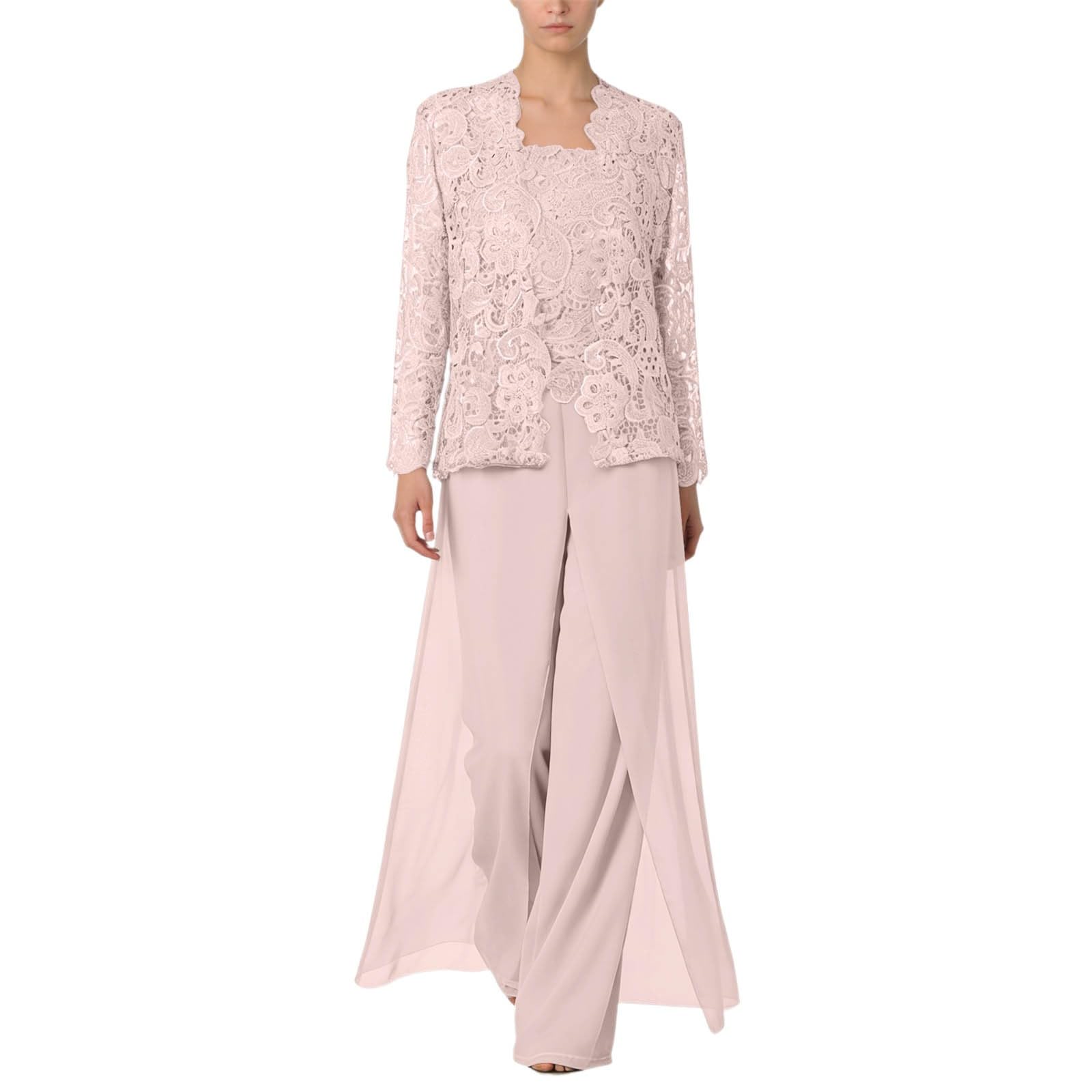 Generisch Ensemble 3 pièces pour femme - Pantalon festif élégant - Haut en dentelle - Cardigan à manches longues et pantalon en mousseline de soie - Costume pour mariage, cocktail, loisirs