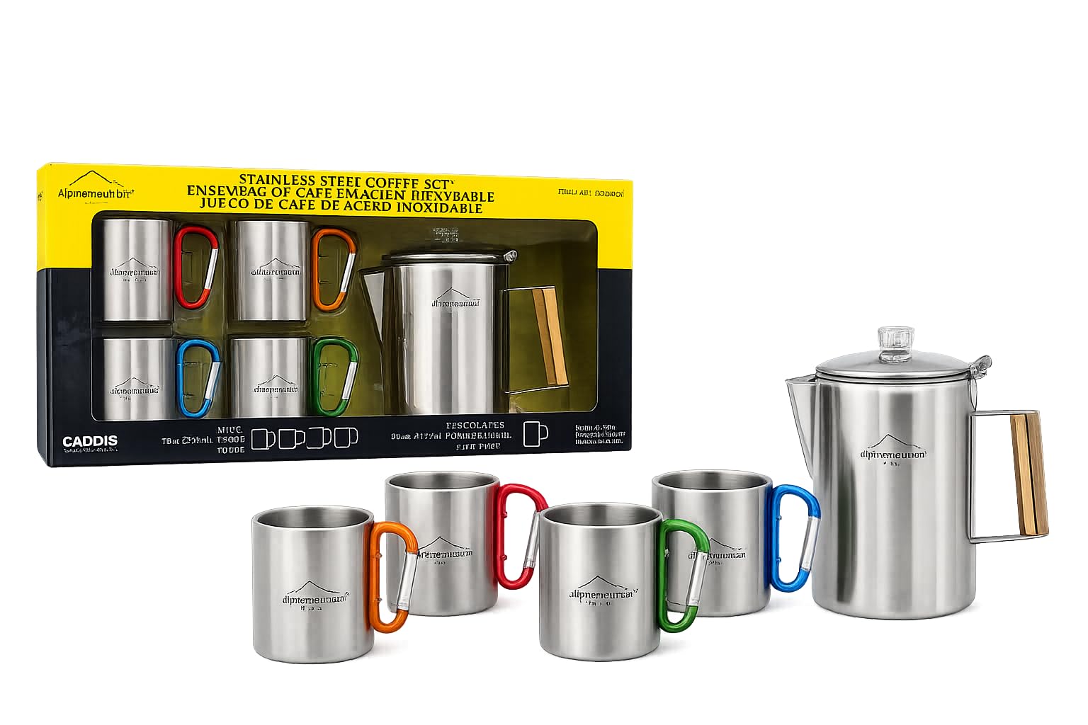 Alpine Mountain Gear Coffee Percolator Camping Set with 4 Mugs – Stainless Steel Camping Coffee Pot, Stovetop Percolator Coffee Maker for Home & Outdoor Use 5-piece Stainless Steel 2.1L Coffee Set
