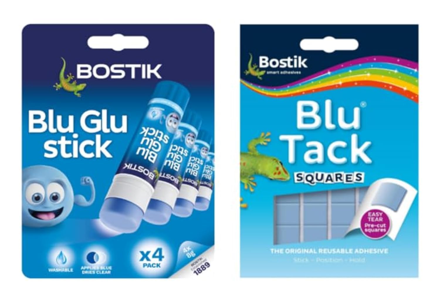 Blu Tack Handy Pack 45g, Putty Reusable Adhesive Non Toxic + Bostik Glue Sticks, Goes on Blue, Dries Clear, Solvent Free, Washable, 4 x 8g sticks (2)