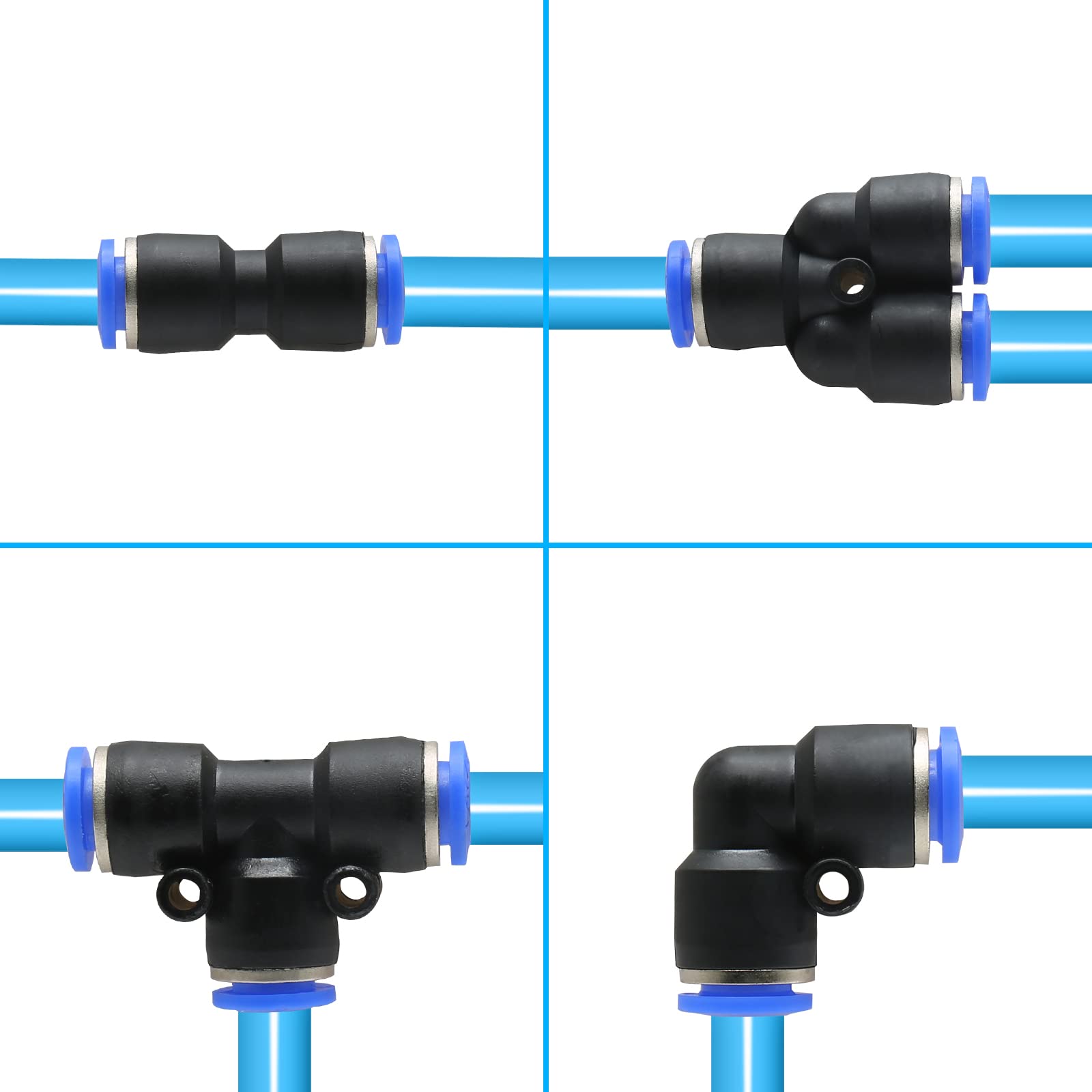 Piutouyar 40 Pcs Pneumatic Push to Connect Fittings 1/4" OD Pneumatic Fittings Kit Plastic Air Line Quick Fittings 10 Spliters + 10 Elbows + 10 Tee + 10 Straight Tubes (6mm combo) 3