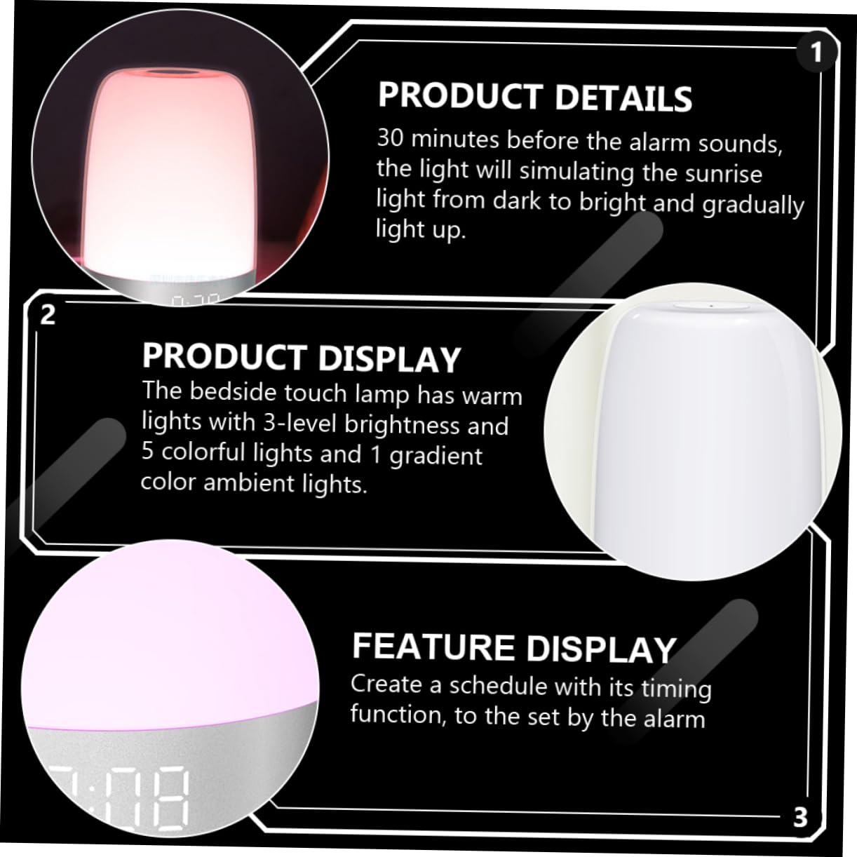 ORFOFE Veilleuse Tactile Contrôle Tactile LED Réveil et Minuterie et Intensité Réglable Lampe de Chevet Blanche en Abs Chambre