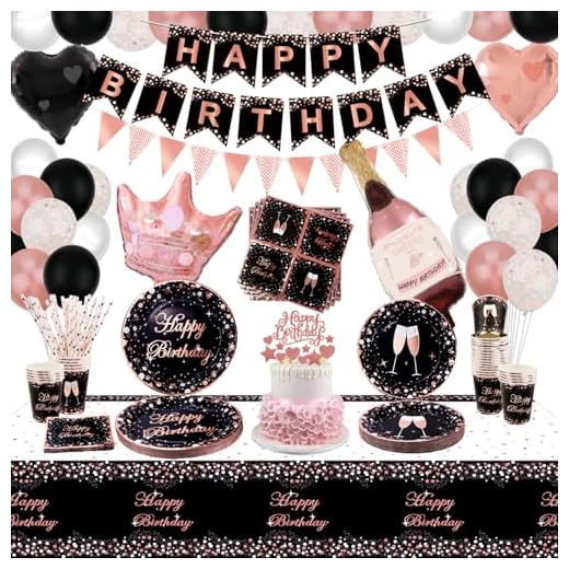 XJLANTTE Suministros para Fiestas en Negro y Oro Rosa: Globo, Pancarta de Feliz cumpleaños, decoración para Pasteles, Tazas y Mantel para niñas y Mujeres, para 20 Invitados (Juego 02)