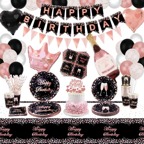 XJLANTTE Suministros para fiestas en negro y oro rosa: globo, pancarta de feliz cumpleaños, decoración para pasteles, tazas y mantel para niñas y mujeres, para 20 invitados (juego 02)