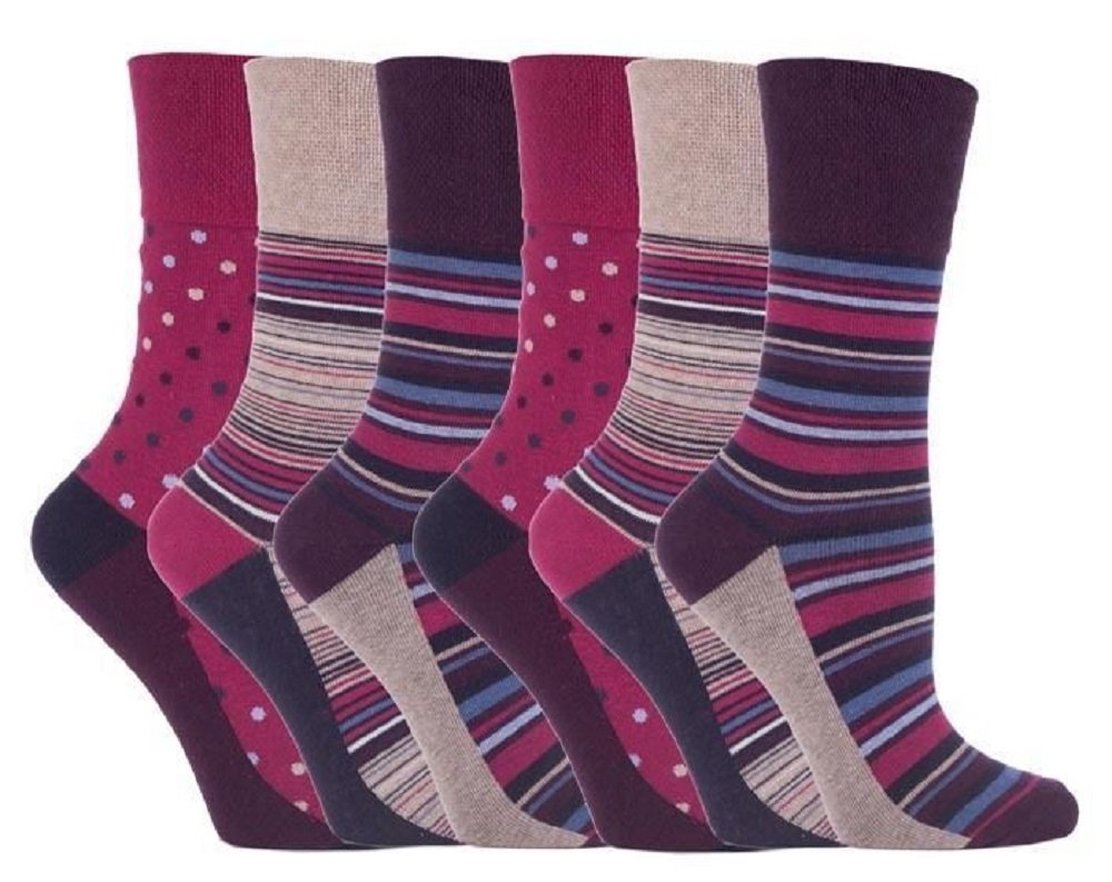 Sockshop Women's Pink 6 Pairs Cotton Gentle Grip Socks 4-8 Uk, 37-42 Eu Stripe & Dot Gg55
