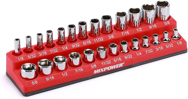 MIXPOWER 1/4" SAE Magnetic Socket Organizer, Holds 13 Piece Shallow Socket and 13 Piece Deep Sockets, Total 26 Slot, Red, SAE, Magnetic, Heavey Duty
