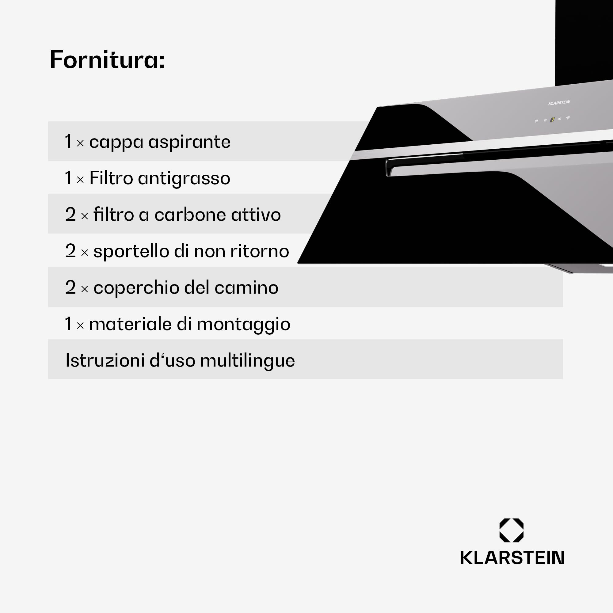 Klarstein BigBite Cappe Inclinate 90cm - Cappa Angolare, 417 m³/h Boost, Touch, LED, A+++, 3 Velocità, Filtro Carbone, Scarico & Ricircolo, Design Vetro, Cappa Cucina Moderna, Nero