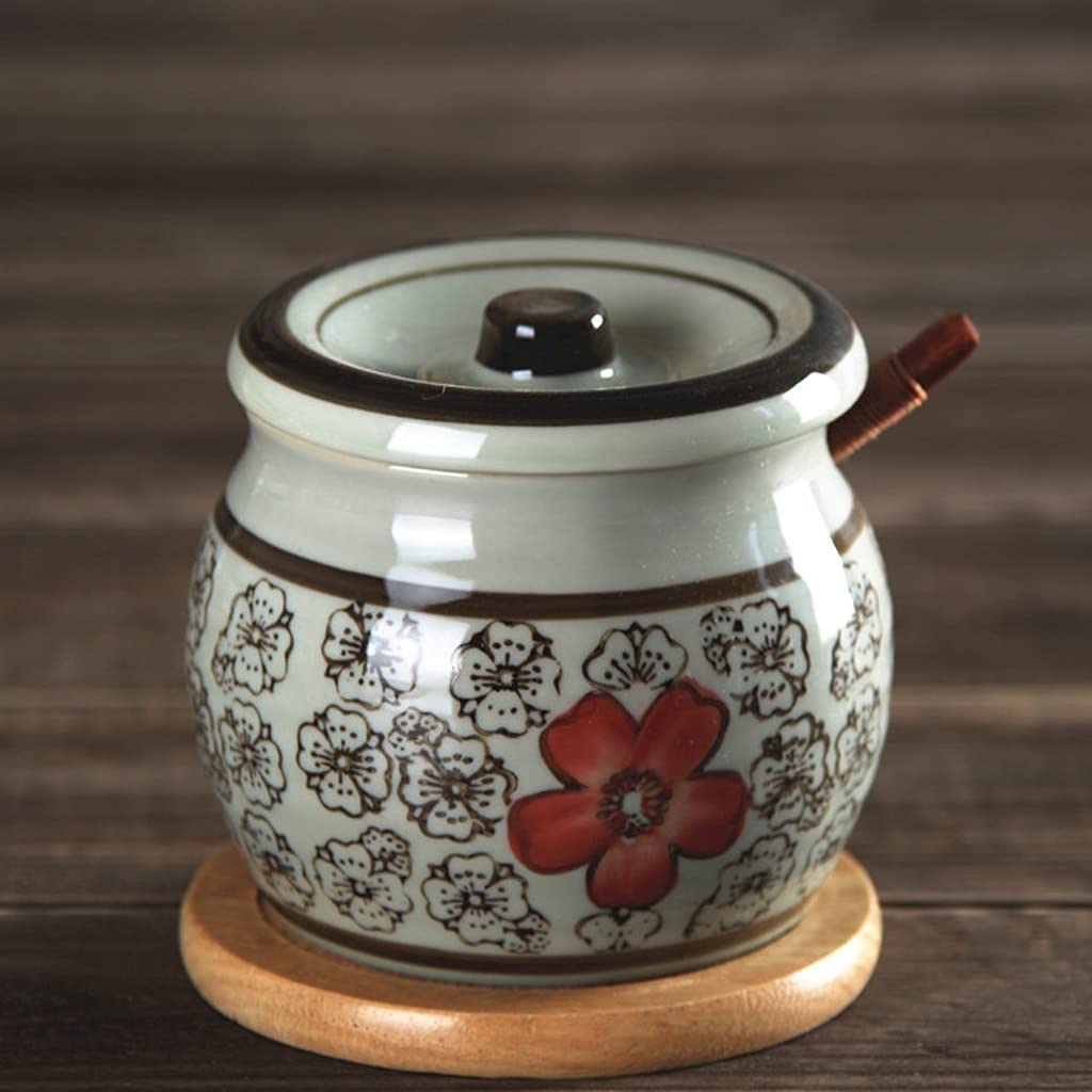 Garnki na przyprawy, pudełko na przyprawy, butelka na sos, ceramiczny garnek do przypraw kuchennych Zestaw pojemników na przyprawy do użytku domowego Cukiernica z łyżeczką i tacą (10 uncji) Dozownik p