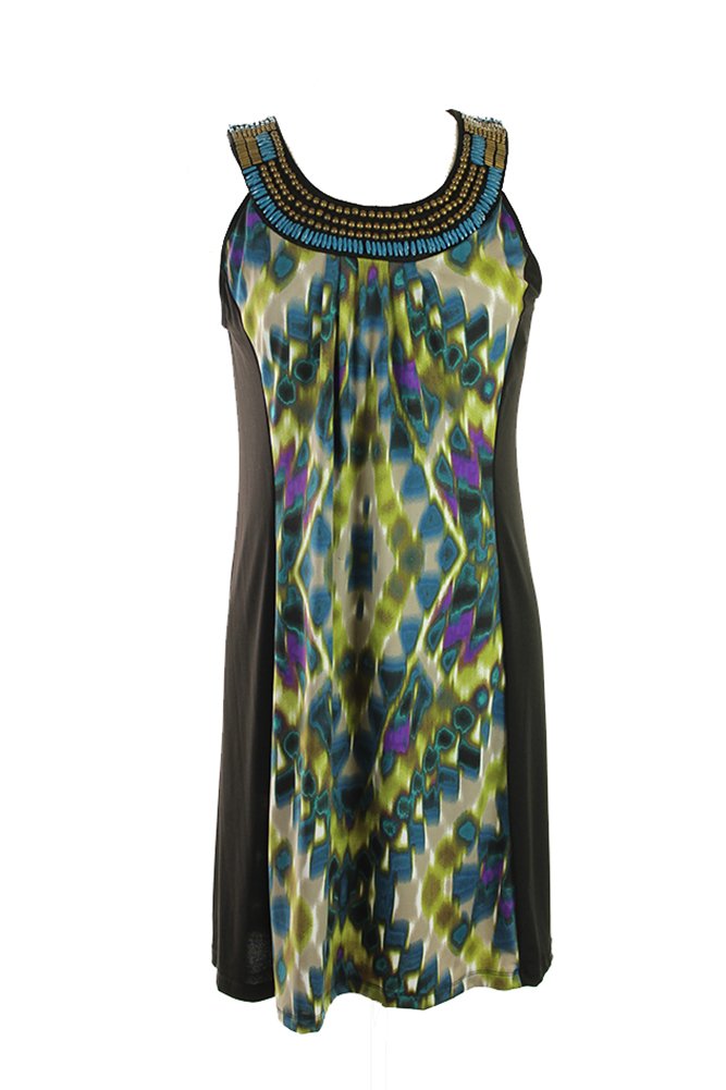 NY Collection Women's Sleeveless Printed V-Neck Dress with Solid Side Panels
