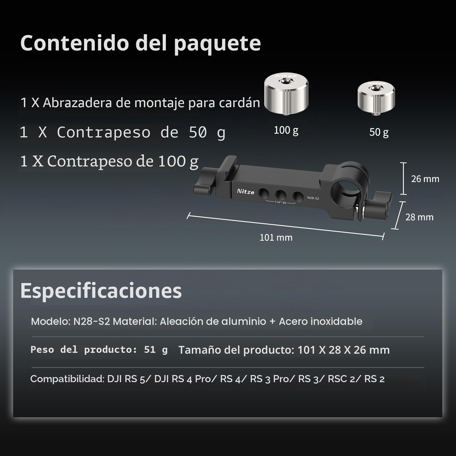 Nitze Kit de Contrapeso Counterweight para Estabilizadores dji RS 5/RS 4 Pro/RS 4/RS 3 Pro/RS 3/RSC 2/RS 2, Abrazadera de Montaje con Pinza de Varilla de 15mm para Motor dji Focus Pro - N28-S2