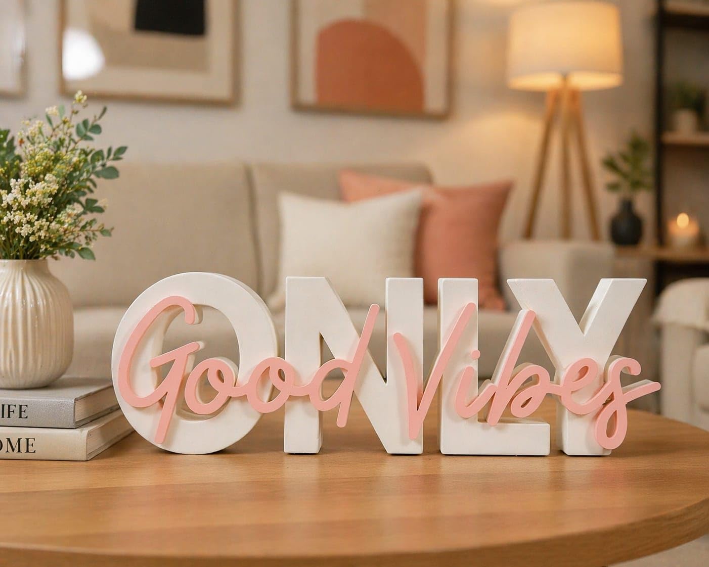 Motivational Quote Decorative Sign for Home & Office – Aesthetic Desk Decor | Positive Message Table Top Showpiece | Gift for Bedroom, Study Table, Living Room (GOOD VIBES ONLY WHITE)-image-43