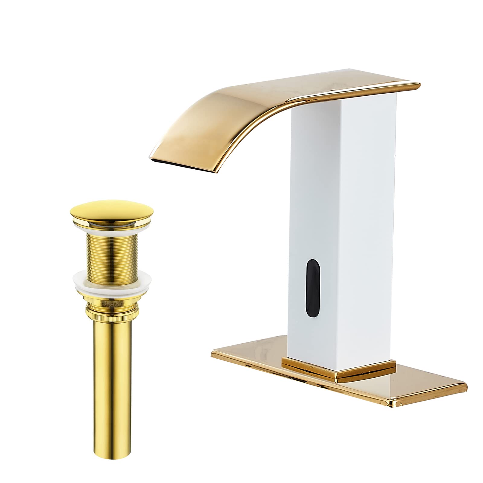 Nfusrxmbk White/Gold Electronic Motion Sensor Faucet & Waterfall Touchless With Vessel Drain Stopper Pop Up Without Overflow