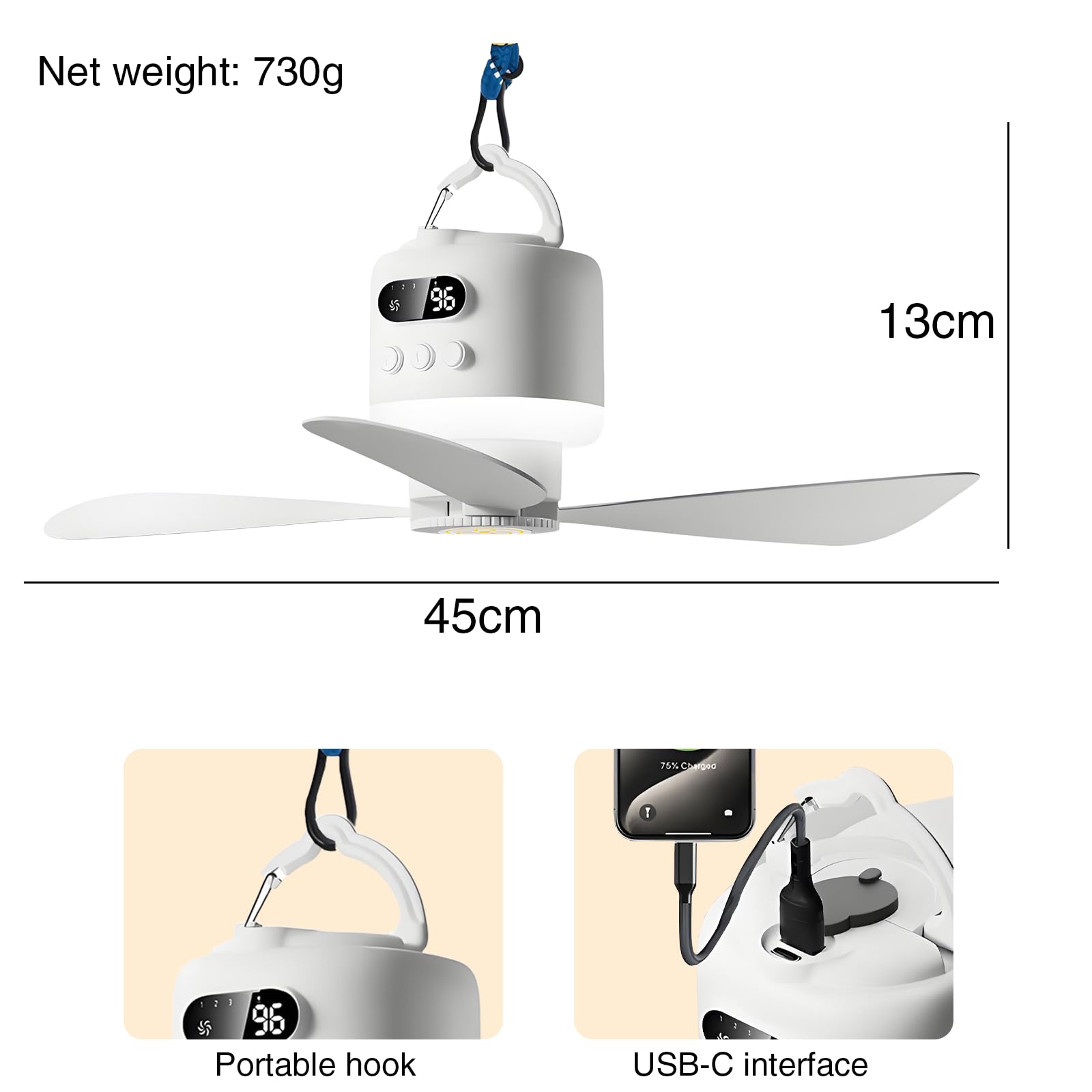Deckenventilator mit Beleuchtung, 45CM Camping Ventilator für Zelt, 15600mAh Akku aufladbar mit Licht und Fernbedienung USB Timer leise, mobiler Deckenventilator für Outdoor Pavillon Terrasse (Weiß)