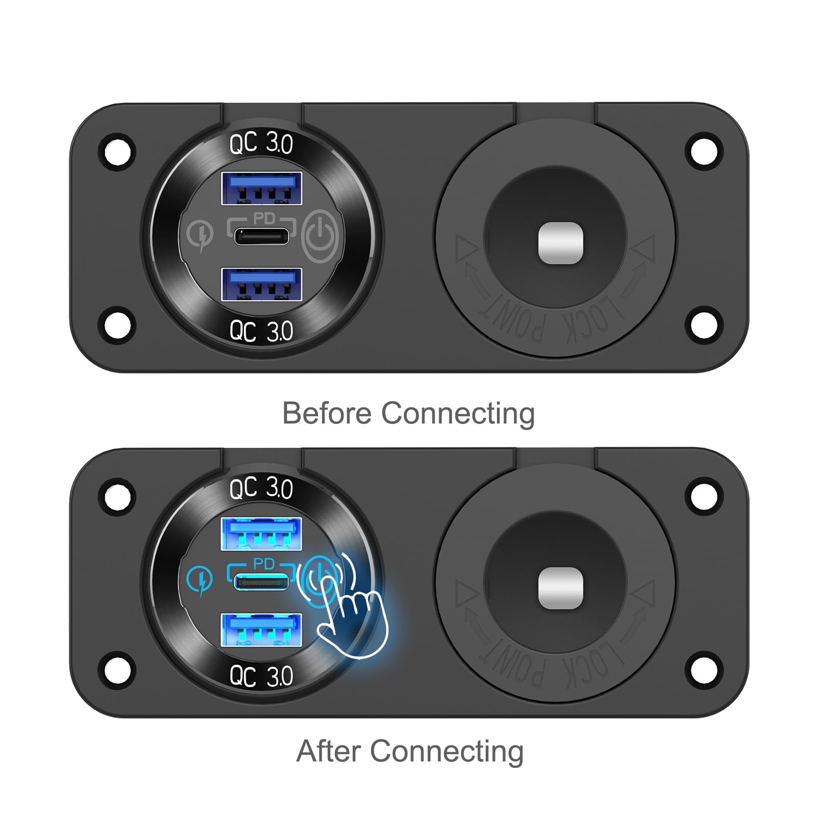 Prise USB 12V Marine Interrupteur Panneau PD3.0 QC3.0 Chargeur de Voiture Aluminium, Prise Allume-Cigarette 150W Étanche Kit Bricolage 2 en 1 pour Bateau Camping