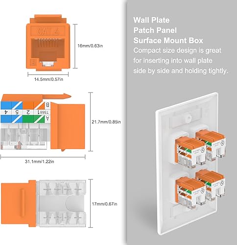 Miniatura 4 de VCE RJ45 Cat6 Keystone Jacks Slim Profile UL Listed 25-Pack, 90-Degree Ethernet Punch Down Keystone Jack Adapter en naranja