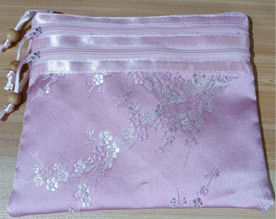 Only My Live Home Portable Large Silk Brocade Multi Zipper Pouch Jewelry Storage Bags for Travel Cosmetic Makeup Packaging 3 Zip Purses (pink (pattern random))