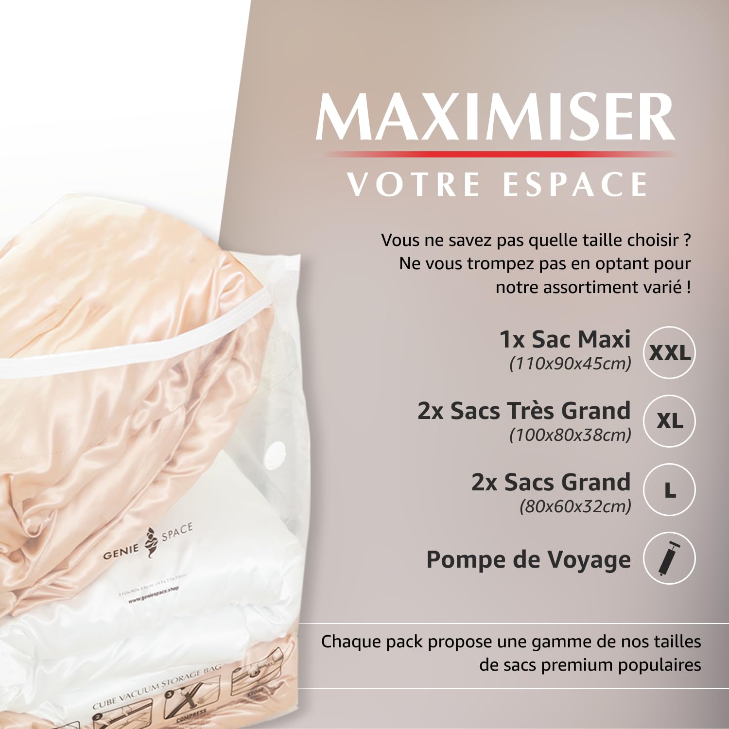 GENIE SPACE Sacs Sous Vide Cube Premium pour Vêtements, Literie et Rangement, Pack Variété 5 (1 Maxi + 2 XL + 2 L), Hermétiques, Réutilisables et Anti-Odeur, Gain de Place, Lot avec Pompe de Voyage