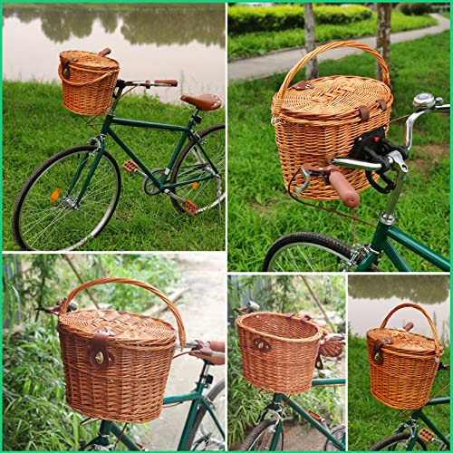 Fahrradkorb Vorne Rattan, Große Kapazität 20L Fahrrad Korb Fuer Vorne mit Deckel/Halterung/Tragegriff, Abnehmbar Weidenkorb Geflochten, Vorderradkorb Radkorb für Erwachsene, Braun