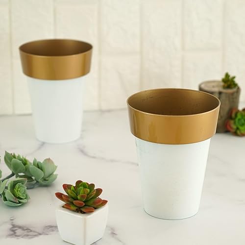 Efavormart - Paquete de 2 macetas decorativas para interiores y jardines con borde blanco y dorado de 6 pulgadas