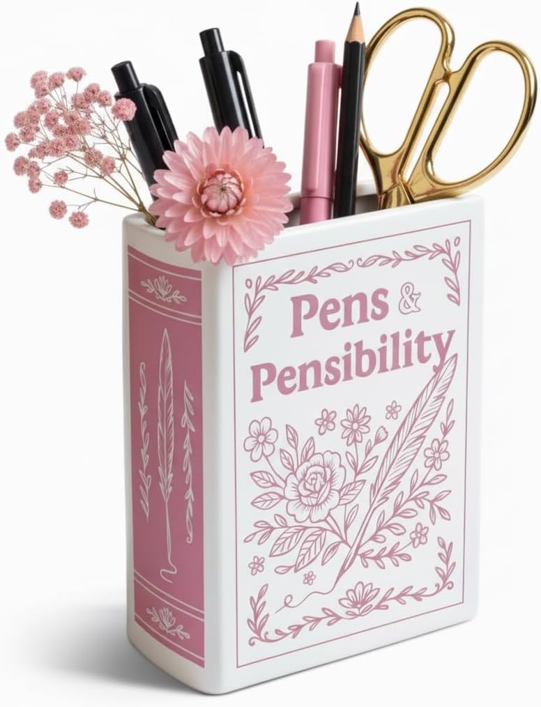 H&H Pens & Pensibility / Sense and Sensibility Ceramic Pencil Holder + Book Vase for Flowers + Bookmark + Jane Austen Bookish Decor + Writer Gifts + Cute Vase + Pink Pen Holder + Pink Desk Accessories