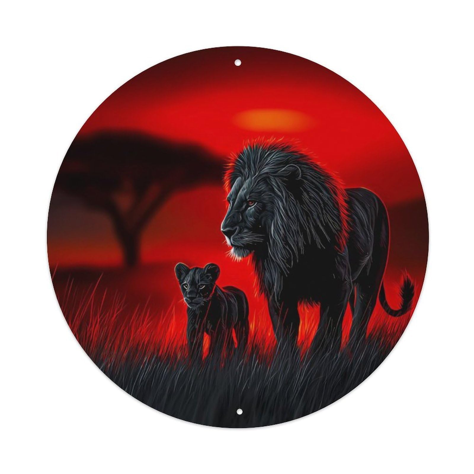 Animal African Lion African Savanna Red Sunset Vintage Metal Tin Sign Plaque Wall Decor for Cafe, Club Bar, Office, Garden Metal Poster 8x8Inch