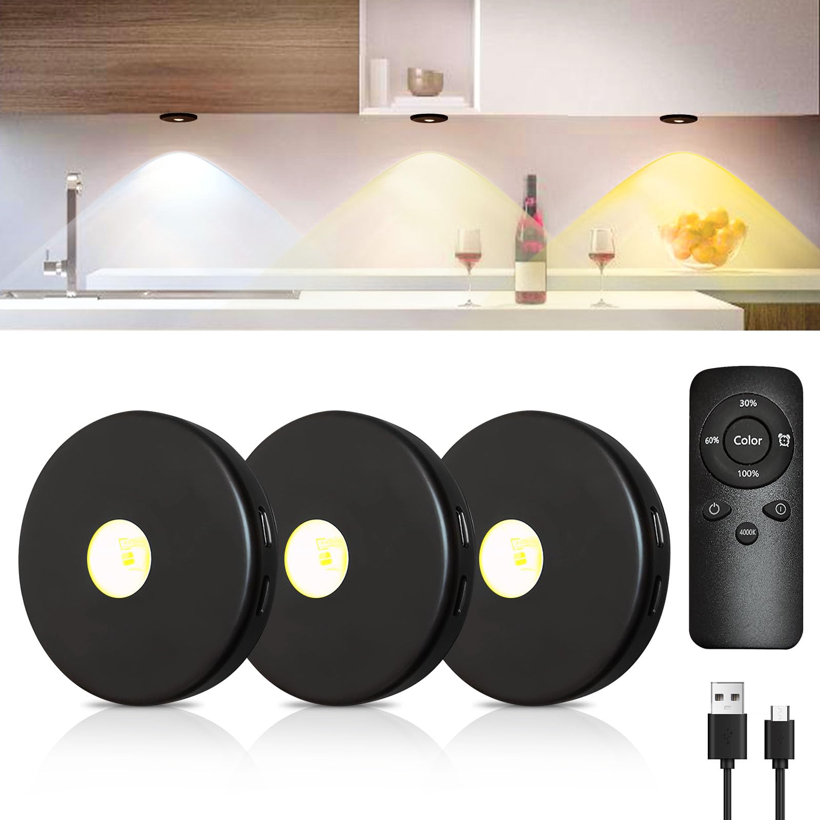 BORDEAG Luz LED Nocturna Recargable USB,3 Piezas Luz Nocturna LED Recargable Con Mandos A Distancia,Luz Nocturna LED Cocina Bajo Mueble,3 Colores,Luz LED Armario Recargable USB Para Cocina,Dormitorio