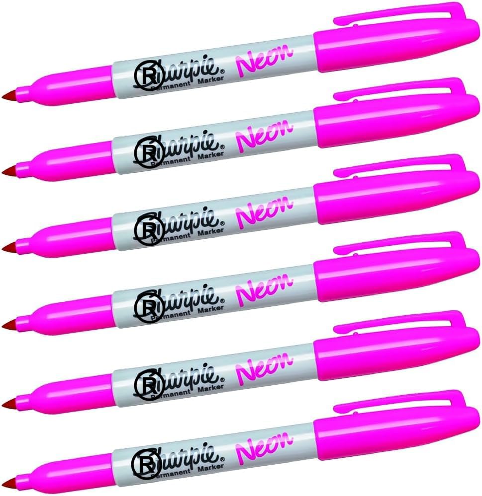6 x Sharpie Neon Permanent Marker Pens, Fine Point Tip, Fluorescent Pink Colour Ink - Marks on Almost Any Surface - Loose in Plain Packaging