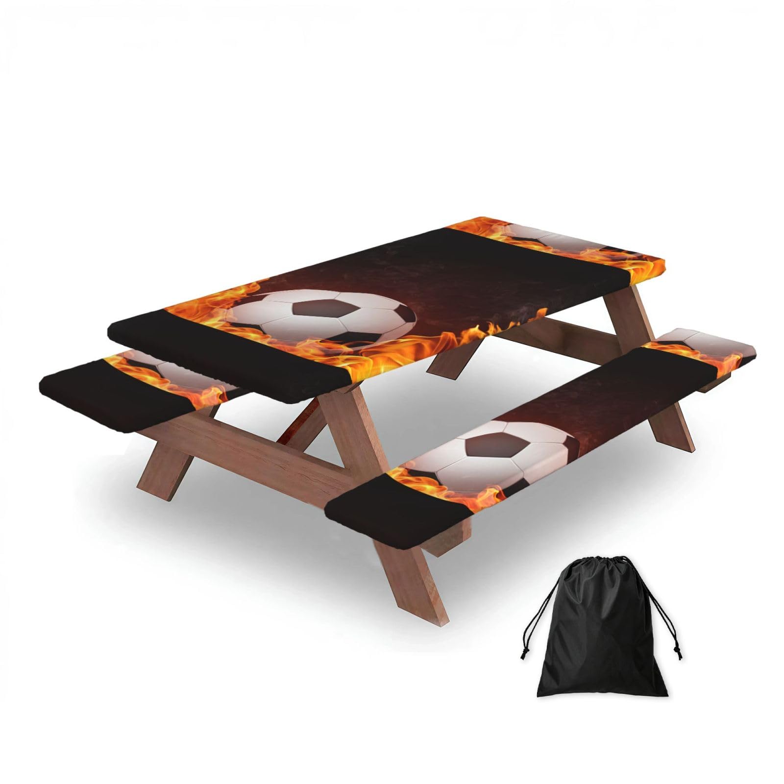 Football In Fire, Picnic Table Cover With Bench Covers -Waterproof Elastic Fitted Tablecloth for Garden Camping Patio 76x152cm