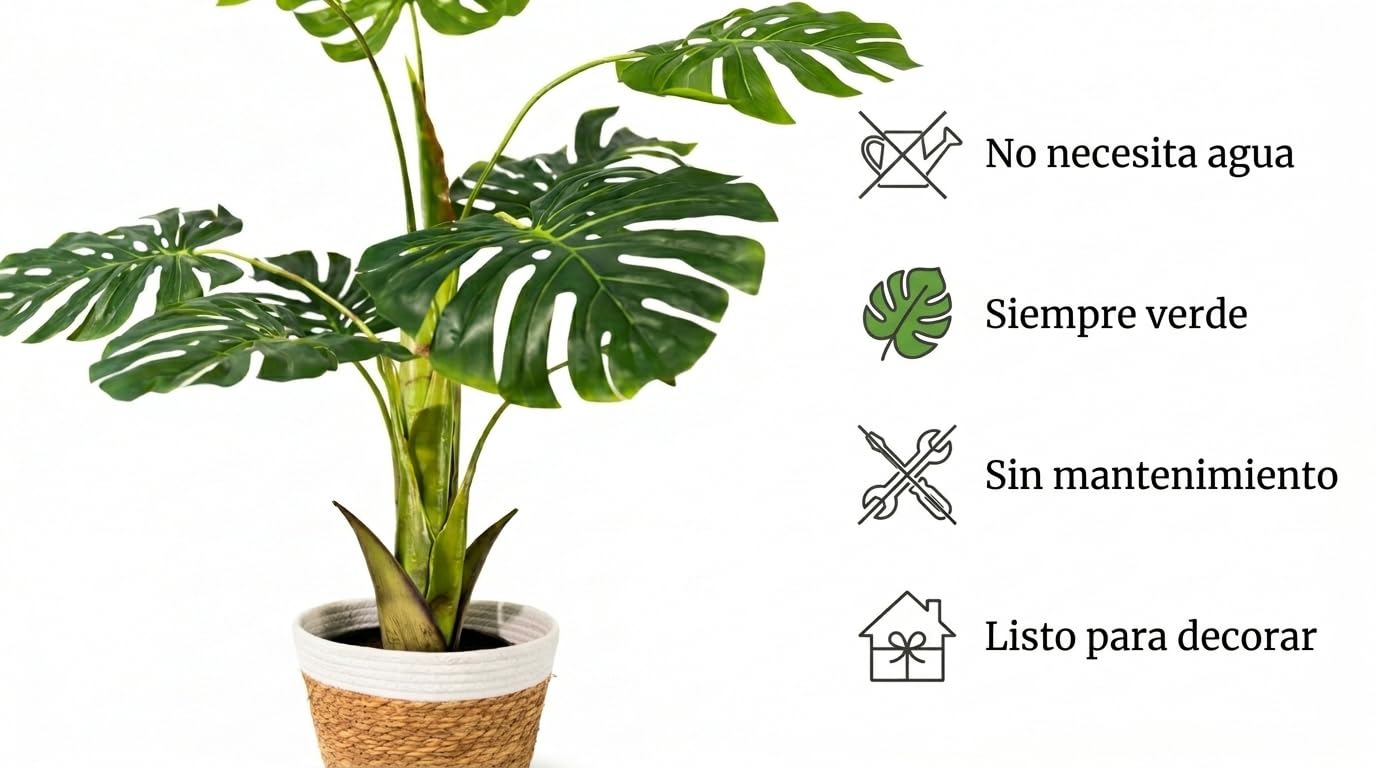 Monstera Artificial Grande 110 cm – Planta Decorativa para Salón Moderno, Planta Artificial Alta de Interior con Maceta Negra, Fácil Mantenimiento