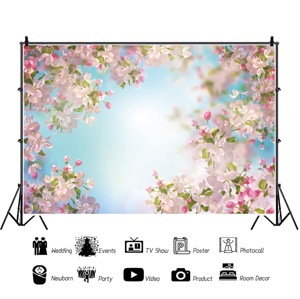 Renaiss 7x5ft Pink Floral Backdrop Romantic Cherry Blossom Blue Sky Sunshine Nature Scenery Polyester Photography Background for Wedding Kids Baby Birthday Party Decor Photo Props