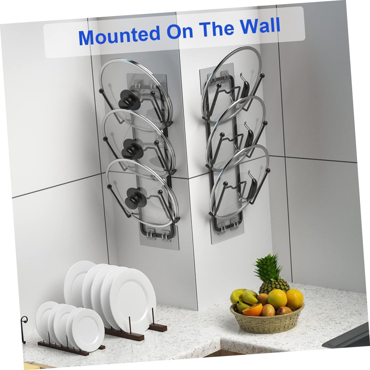 Homoyoyo Support Délicat sans Perçage pour Couvercles de Poêles Boules Lisses en Acier Carbone Noir, Rangement Mural Design en U Organiseur Décoratif et Gain de Place Cuisine Pratique