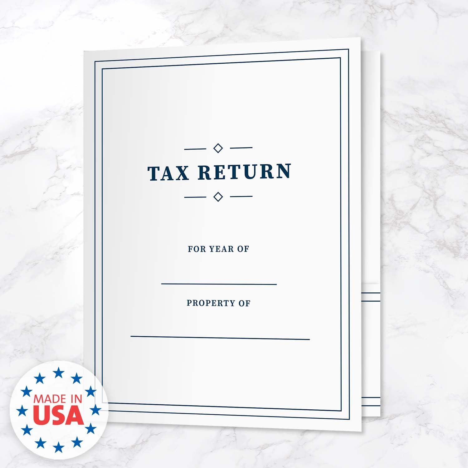 Professional Navy Border Tax Return Folders / 25 Sleek Blue and White 2 Pocket Folders / 9" x 12" Fill in Tax Return Presentation Folder/Made in The USA
