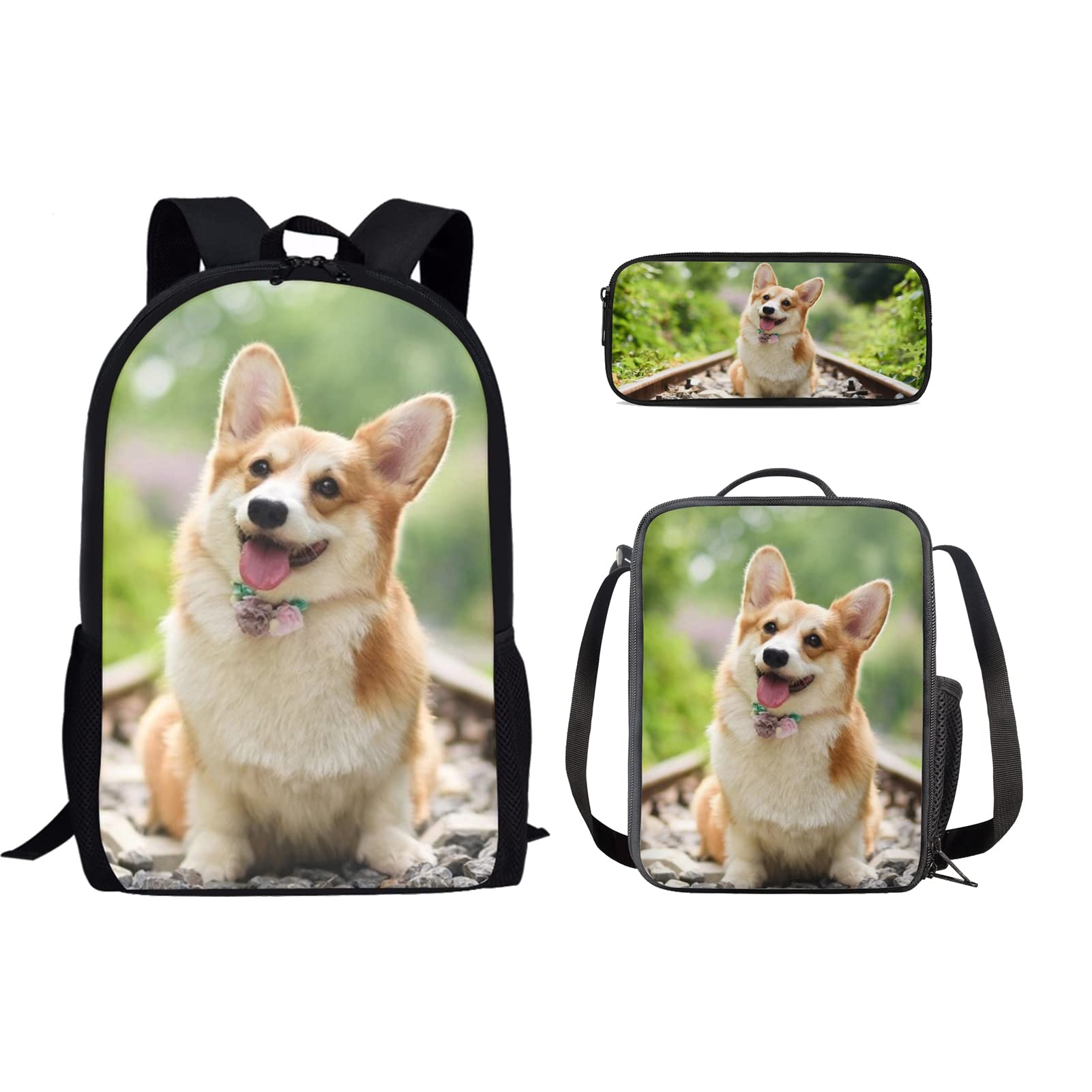 Schulrucksack/Büchertasche für Kinder, 3-teiliges Set, mit Picknick-, Camping-Lebensmittelbehälter, Federmäppchen, Sonnenblume auf schwarzem Hintergrund, Green Animal Corgi Dog, One Size, Klassisch