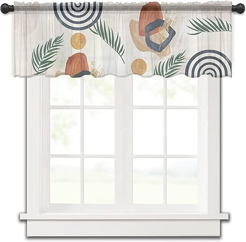 Cortina bohemia semitransparente geométrica para decoración de cocina, sala de estar, moderna de mediados de siglo, cenefa con bolsillo para barra,