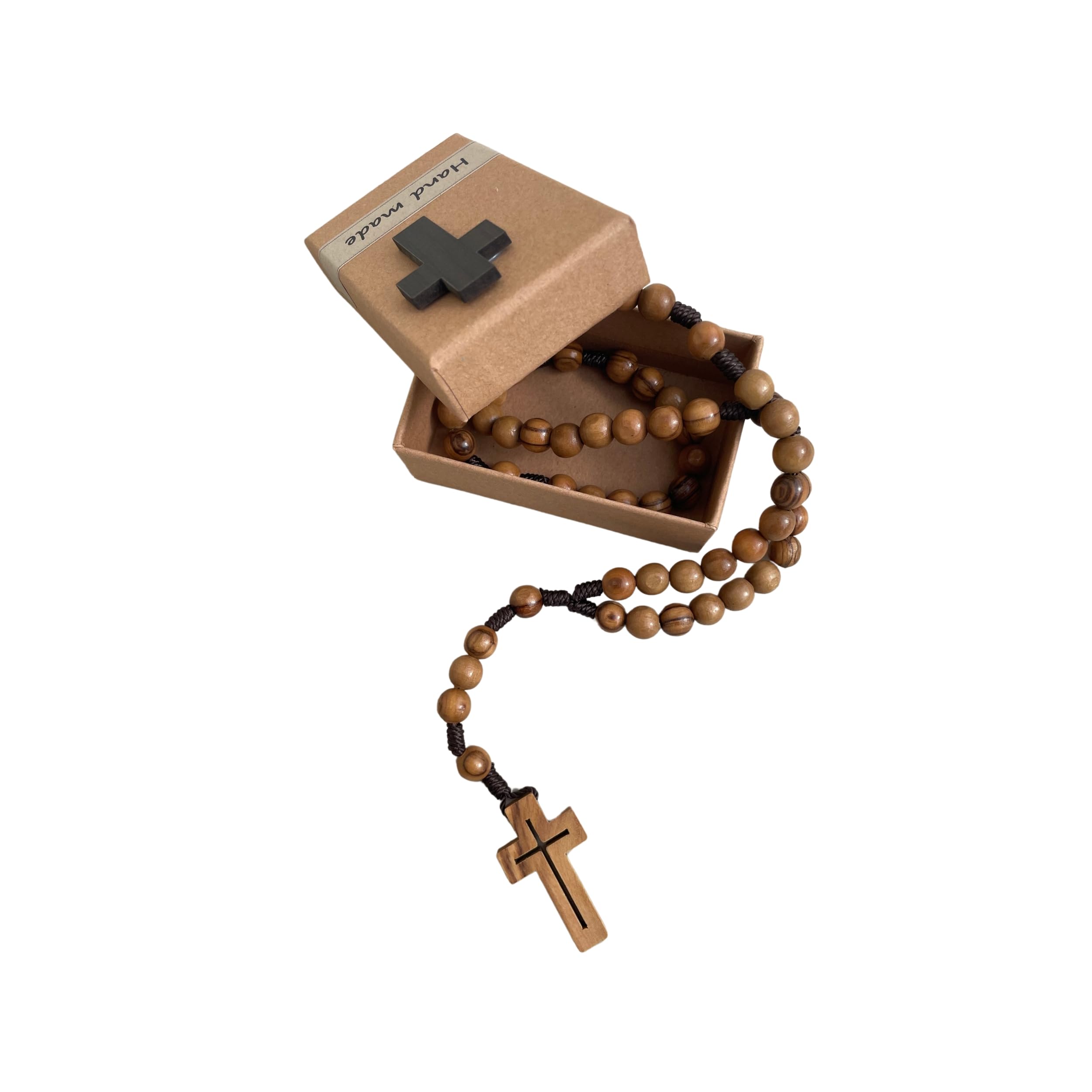 Chapelet en Bois d'Olivier Fait Main à Jérusalem,Rosaire dans sa boîte en Papier KraftavecCrucifix,CadeauBaptême,Communion,FêtesChrétiennes,Naissance,Anniversaire,Protection Voiture,Maison