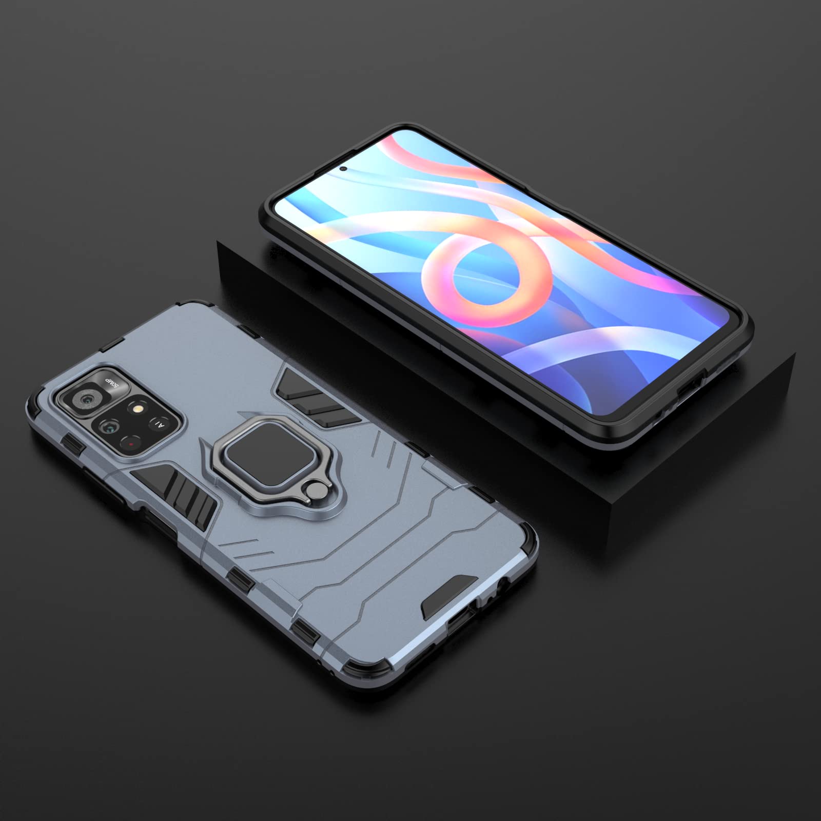 Custodia TingYR Per Xiaomi Poco M4 Pro 5G – Blu Scuro – Con Supporto Magnetico E Anello Antiurto - 5