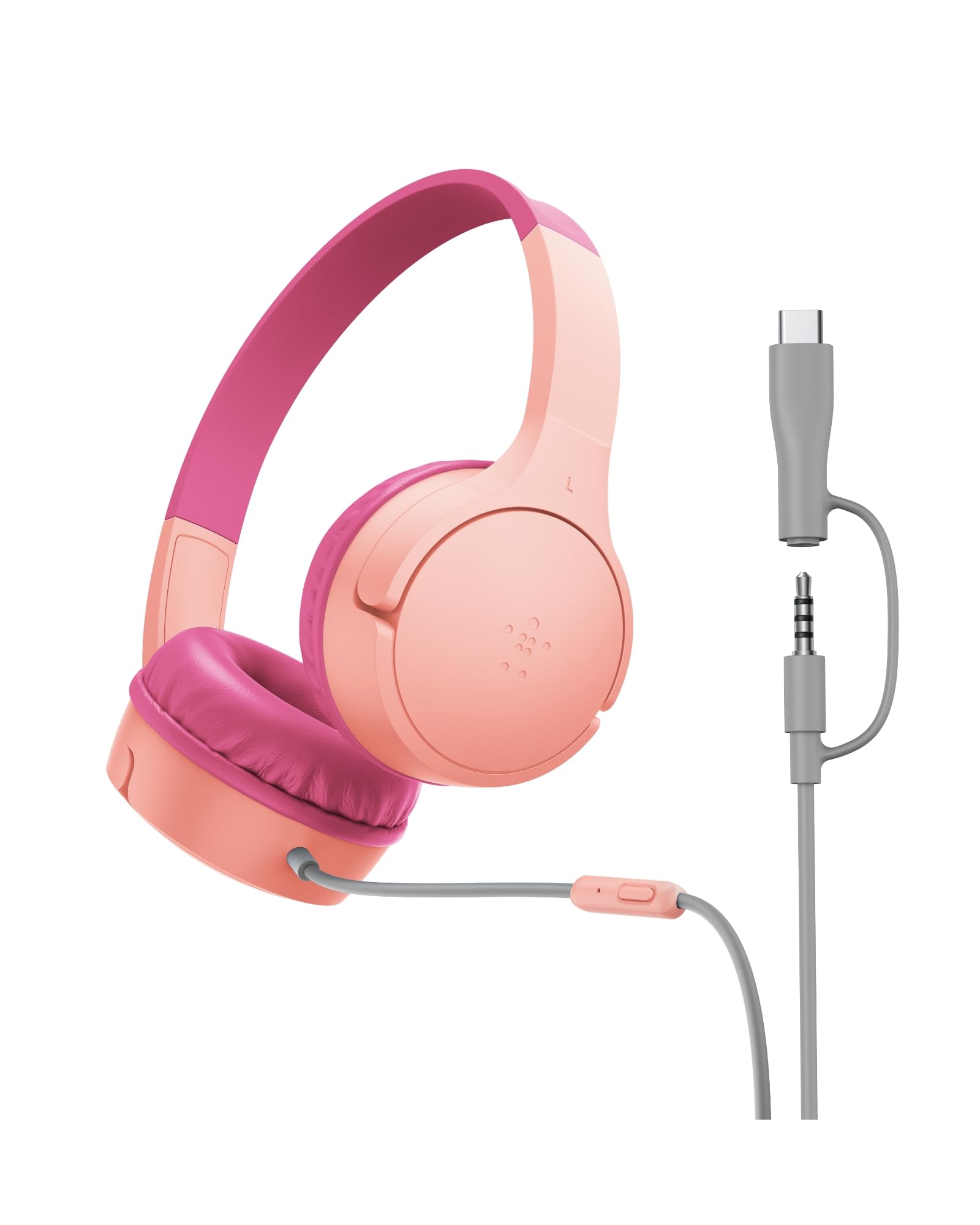 Belkin SoundForm Mini Kids Kablolu Kulaklık (Pembe) – USB-C + 3,5 mm Adaptör, Dahili Mikrofon, 85 dB Ses Sınırı, Eğlenceli Çıkartmalar, iPhone, iPad, Galaxy Uyumlu