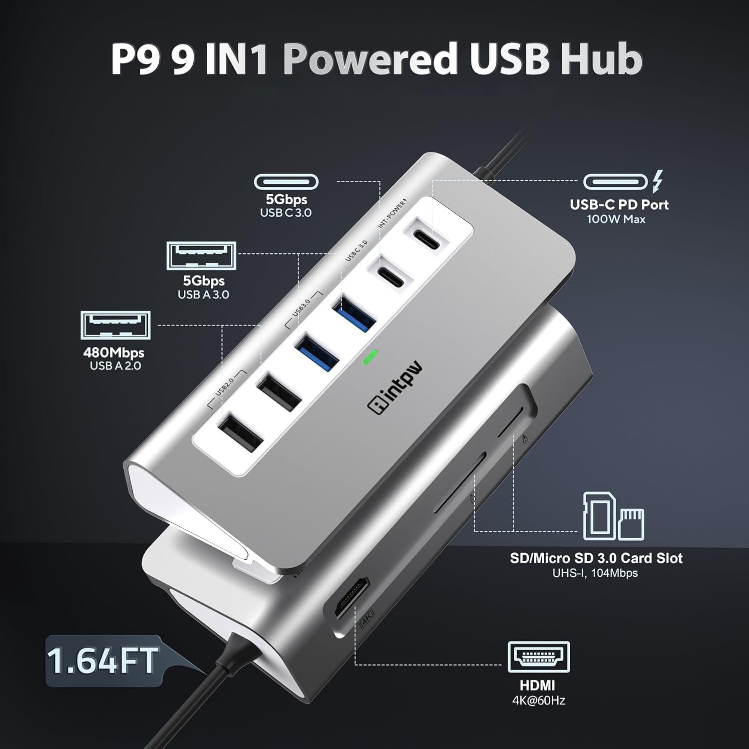 Adaptador multipuerto USB C 9 en 1 USB C a HDMI con HDMI, PD 100 W, 2 USB A 2.0, 2 USB A 3.0, 1 USB C 3.0, Lector de Tarjetas SD/TF para MacBook Air/Pro iPad DELL/HP portátil y más