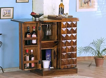 FURNITUREWALLET Sheesham Wood Bar Cabinet for Home with Wine Glass Storage Honey Finish