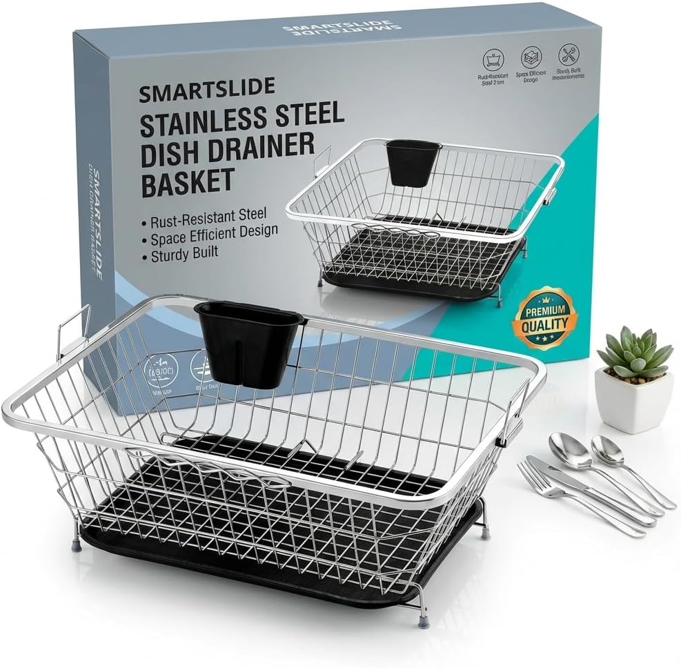 SmartSlide Stainless Steel Dish Drainer Rack with Drip Tray/Utensil Drying Stand for Kitchen/Plate Rack/Bartan Basket/Sink Counter Top Dish Drainer Rack (22L x 17W x 9H inches)