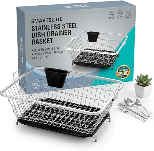 SmartSlide Stainless Steel Dish Drainer Basket for Kitchen Utensil Drying Rack with Drainer Dish Rack with Drip Tray (22L ...