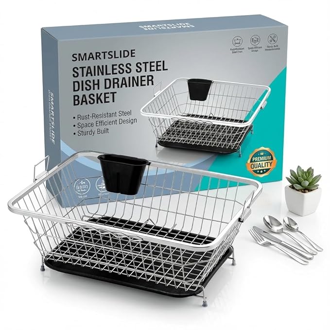 SmartSlide Stainless Steel Dish Drainer Basket for Kitchen Utensil Drying Rack with Drainer Dish Rack with Drip Tray (22L x 17W x 9H inches)