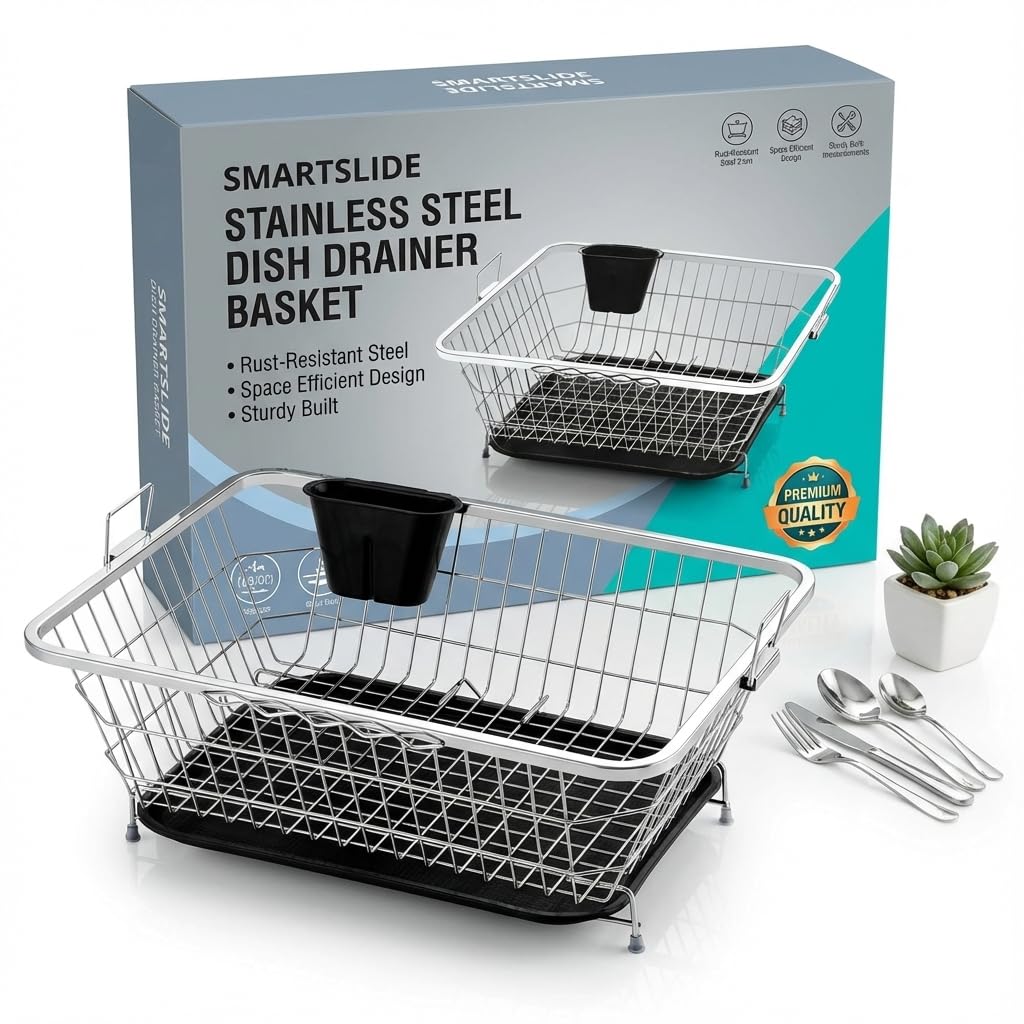 SmartSlide Stainless Steel Dish Drainer Basket for Kitchen Utensil Drying Rack with Drainer Dish Rack with Drip Tray (22L x 17W x 9H inches)