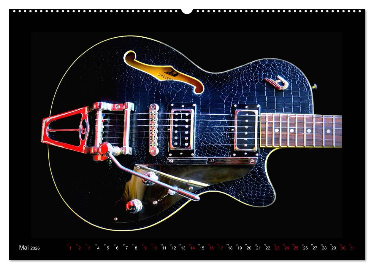 Rockgitarren im Blitzlicht (hochwertiger Premium Wandkalender 2026 DIN A2 quer), Kunstdruck in Hochglanz: Gitarrenschönheiten auf schwarzem Hintergrund eindrucksvoll in Szene gesetzt (CALVENDO Kunst)