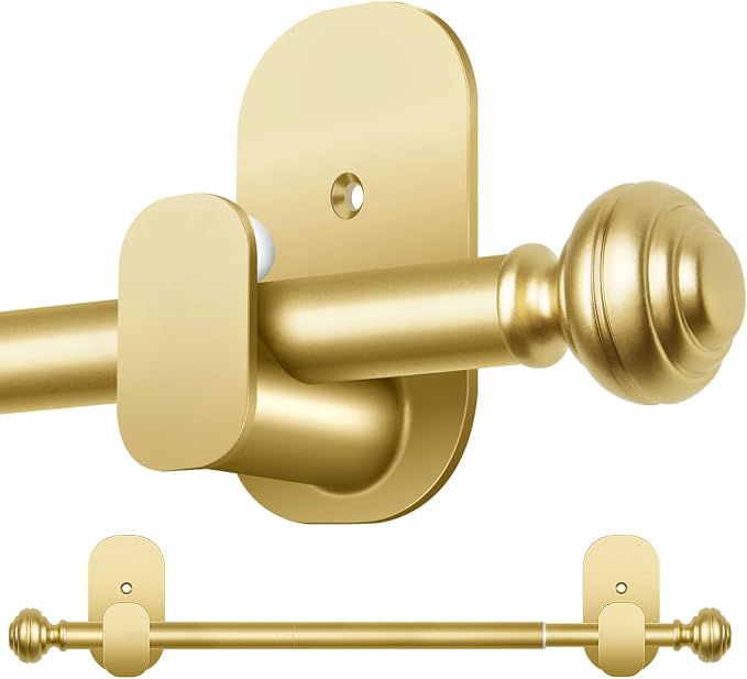 KAMANINA Curtain Rods No Drilling for Windows 32 to 86 Inches, 5/8 Inch Diameter Adjustable Drapery Pole with Adhesive Brackets, Gold