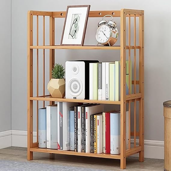 Valkyrie 3 Katlı Bambu Kitaplık 60x23x72 cm Doğal Ahşap Görünümlü Çok Amaçlı Dekoratif Raf