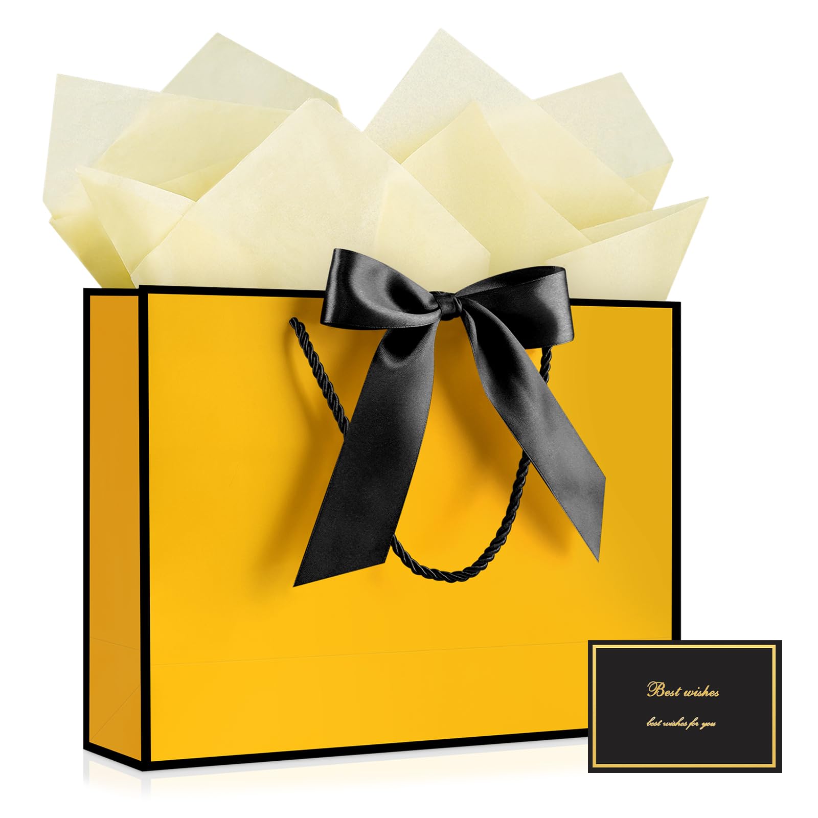 YoungTree Gift Bag with Tissue Papers and 1 Greeting Card Ribbon, Portable Paper Gift Bag with Handles, Birthday Gift Bags,Present Bags for Wedding Party Supplies,12.6" x 9.8" x 4.3"(Yellow-Black) — image 1