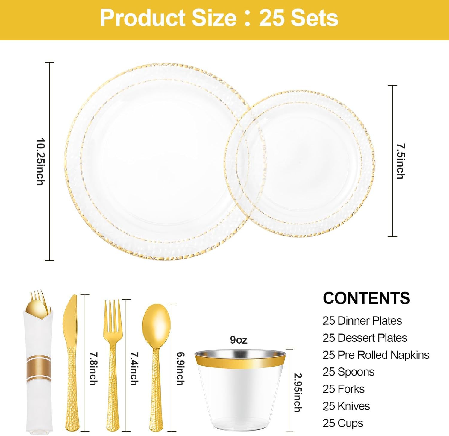 175PCS Clear Plastic Plates with Gold Trim for 25 Guests, Disposable Dinnerware Set for Party & Wedding, Includes 50 Plastic Plates, 25 Pre Rolled Napkins with Gold Silverware, 25 Cups