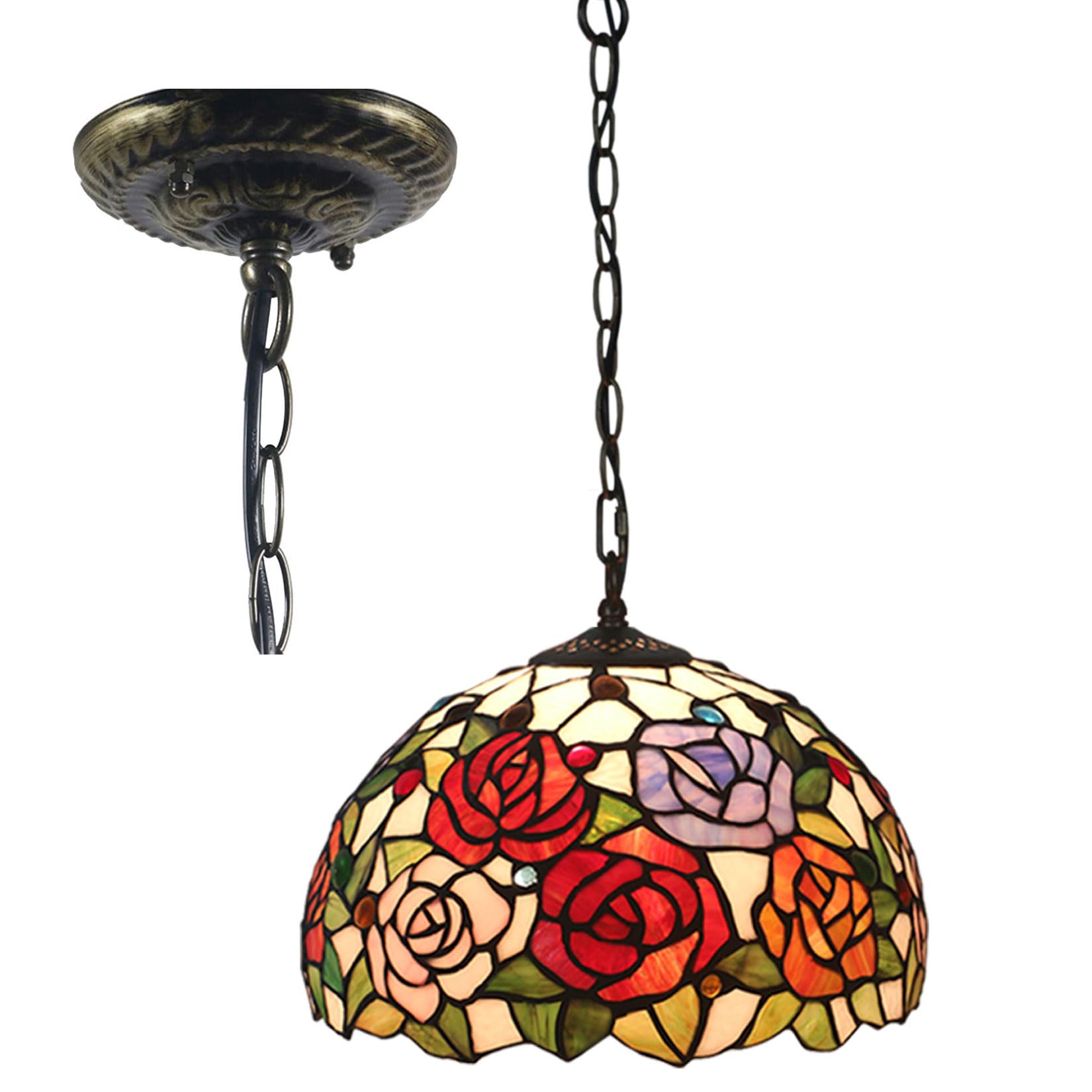 Wdcdyqdh Light/Yellow/Red Tiffany Pendant Fixture Rose Dragonfly Sunflower Stained Glass Lamp Shades Hanging Vintage Sea Blue Green Flower Home Decor Chandelier Wide 12"